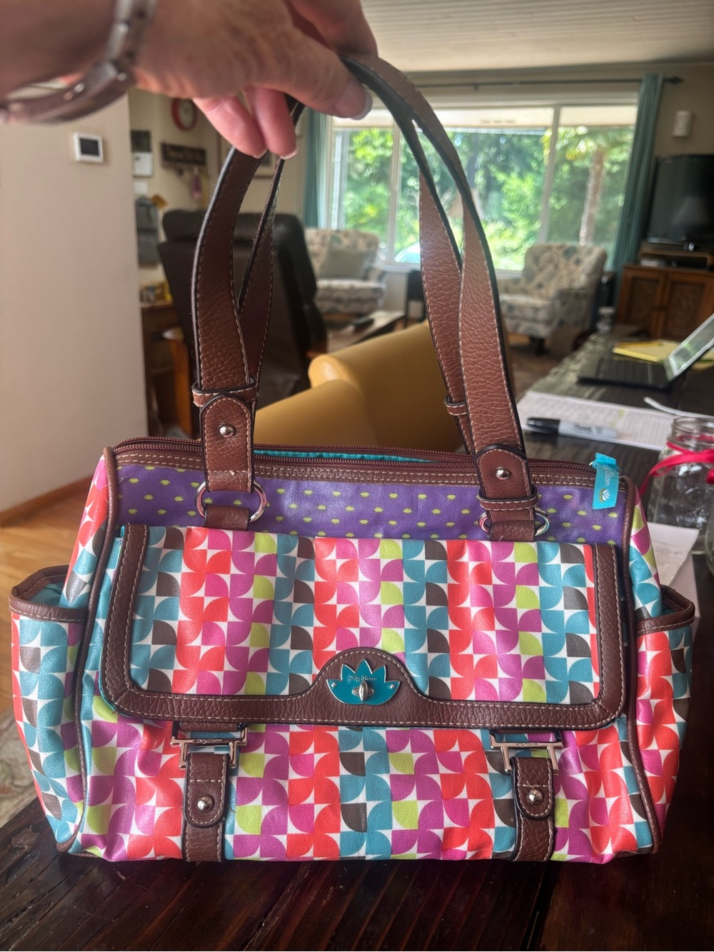 Lily Bloom Multicolor Geometric Canvas Shoulder Bag with Brown Trim